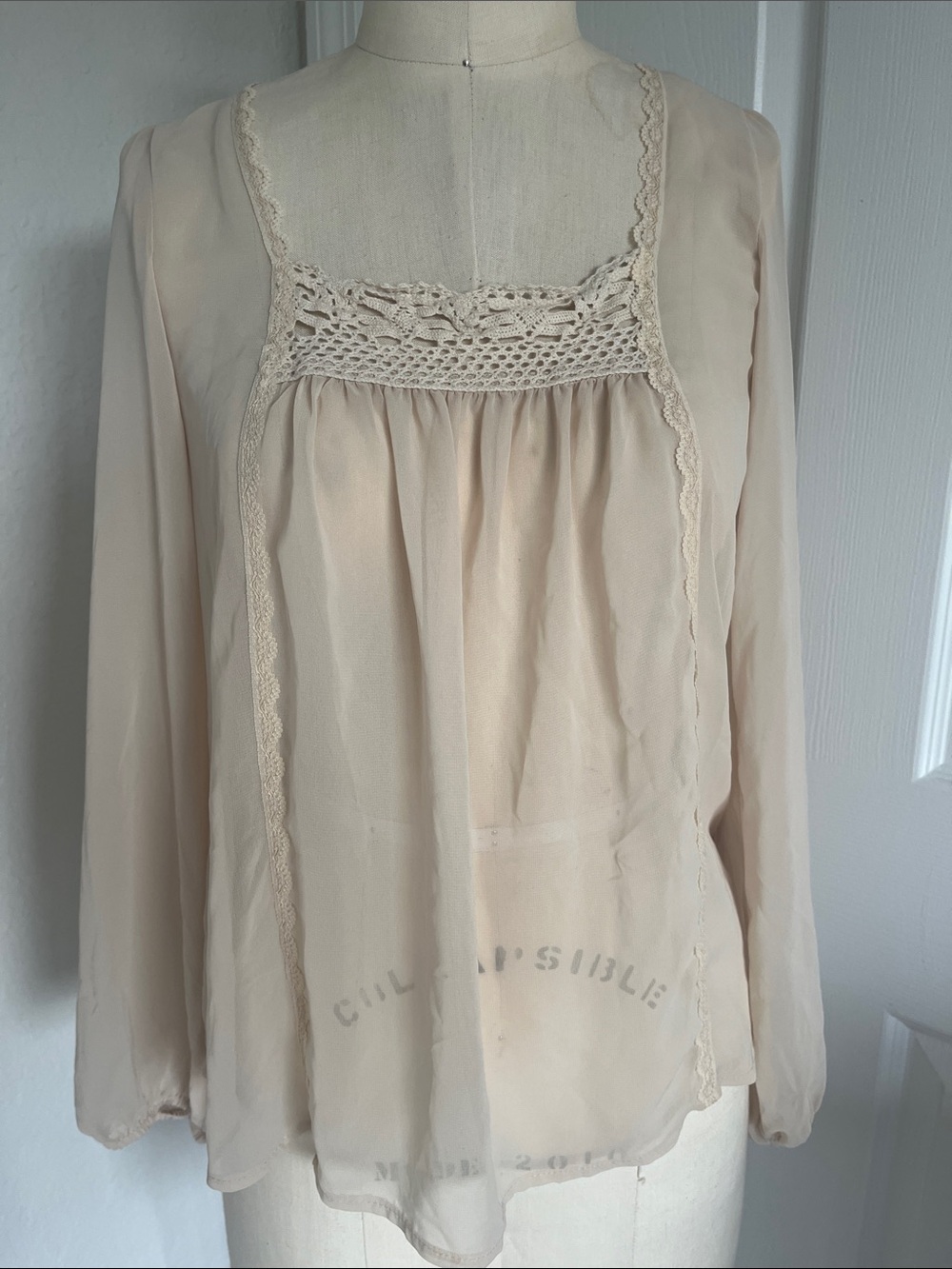 Kirra Cream Crochet Yoke Long Sleeve Sheer Milkmaid Renaissance Blouse Western